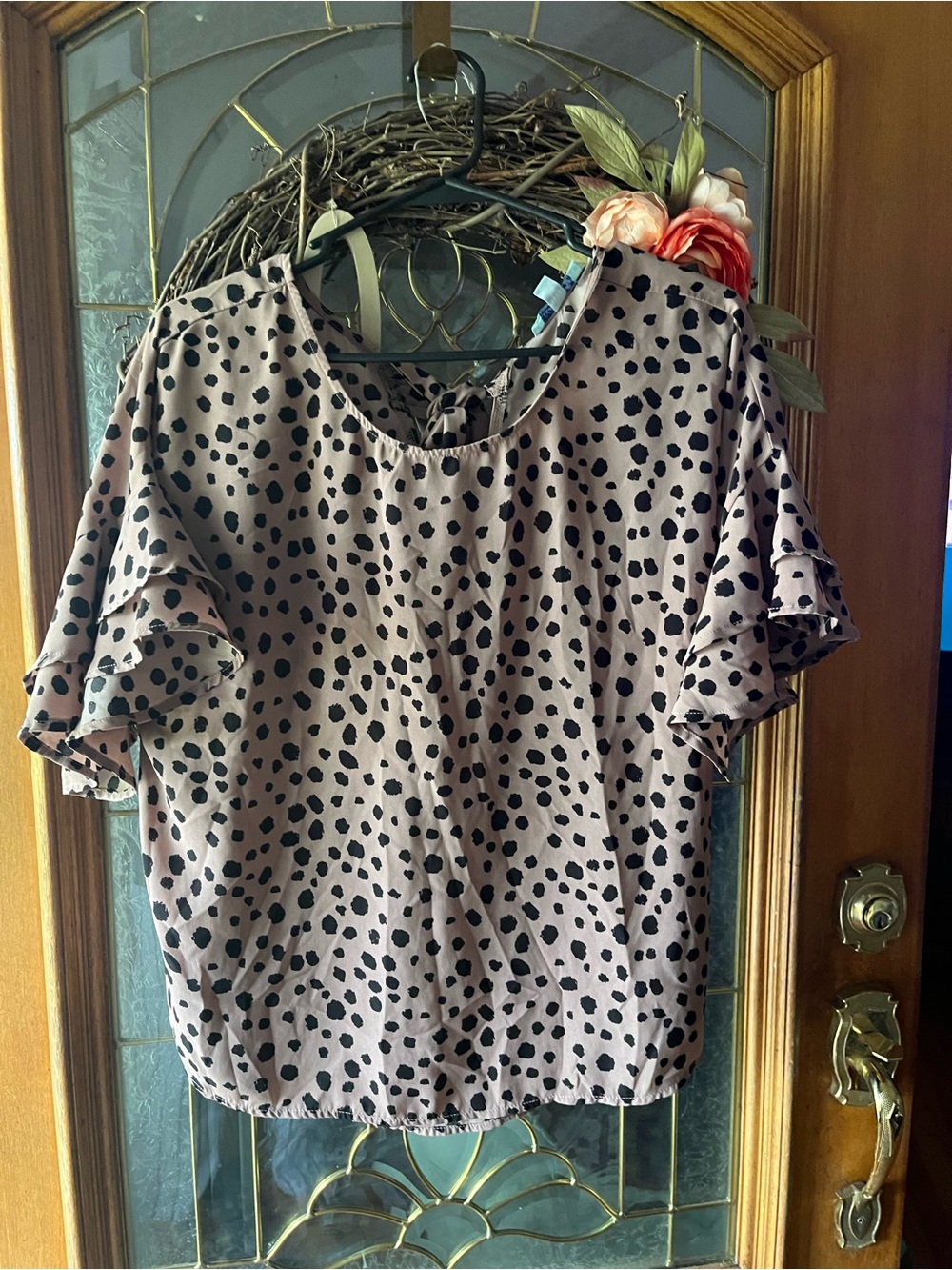 Womens Pink Polka Dot Ruffle Sleeve Top